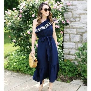 J. Crew Womens One Shoulder Ric Rac Dress Navy Blue Tiered Midi Size S